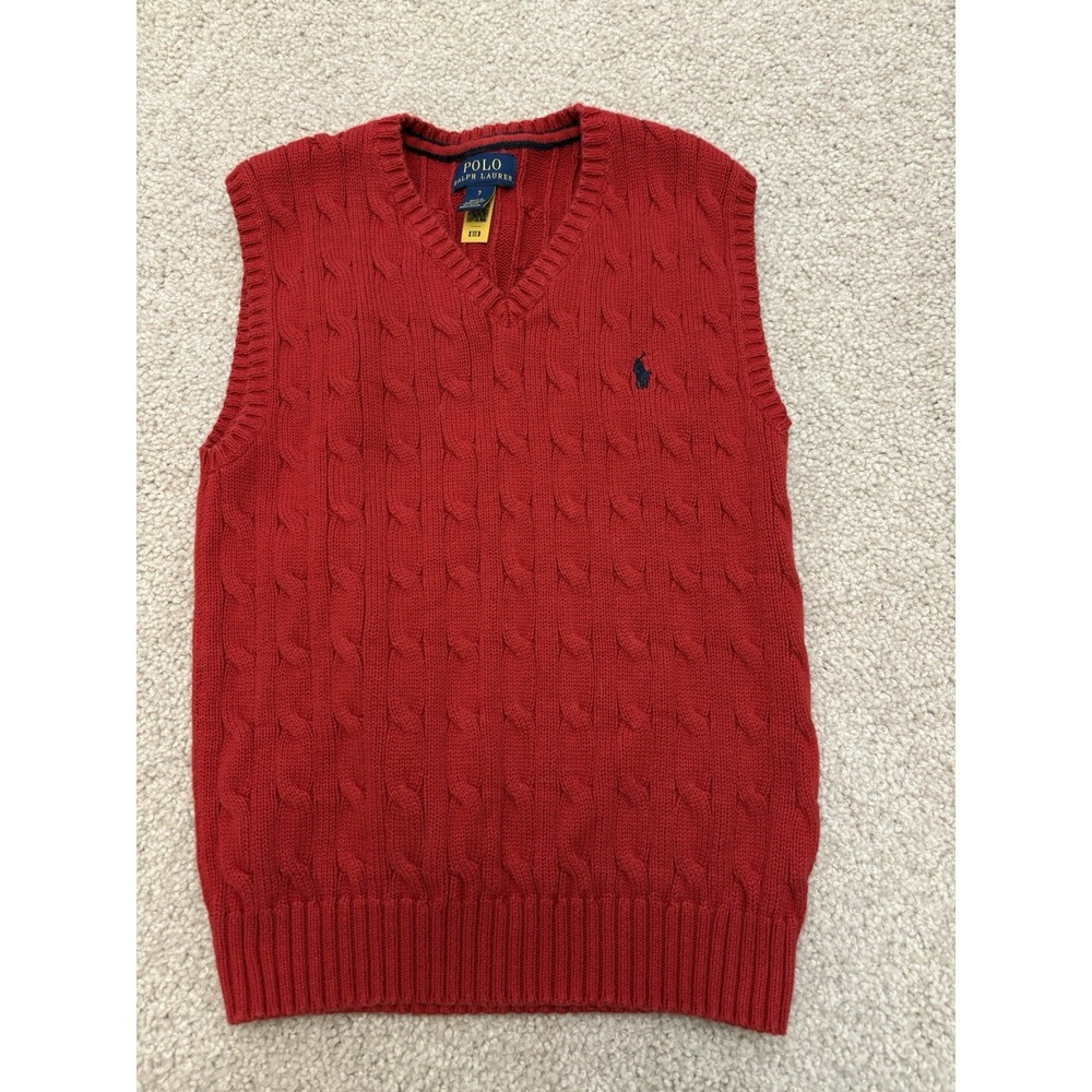 Polo Ralph Lauren Boys' Cable-Knit Cotton Sweater Vest Red Size 7